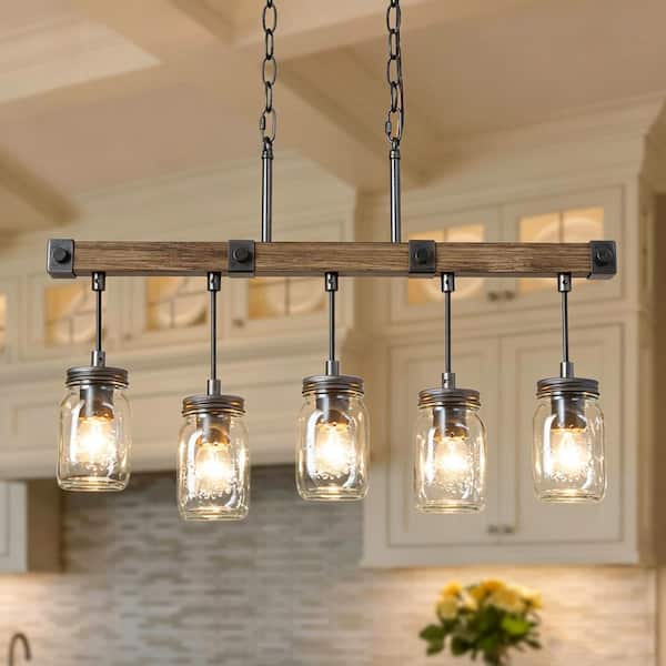 Morice Modern Farmhouse Linear Chandelier 5-Light Rustic Black Classic Mason Jar Island Pendant with Faux Wood Accent