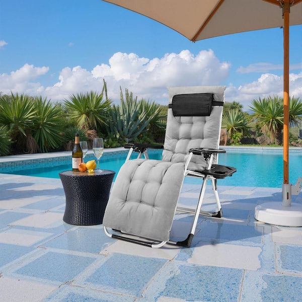 Zero Gravity Metal Reclining Outdoor Lounge Chair with Grey Removable Cushion and Cup Holder Trays for Camping or Indoor