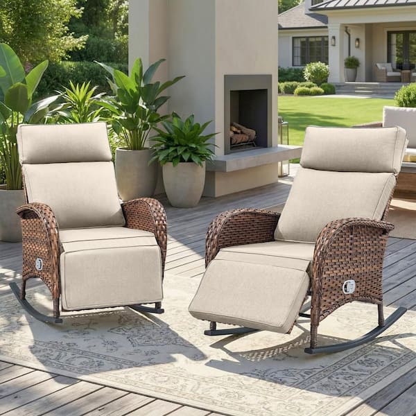 SleekArm Brown 2-Piece Wicker Outdoor Recliner with Olefin Beige Cushions and Adjustable Backrest Patio Rockers