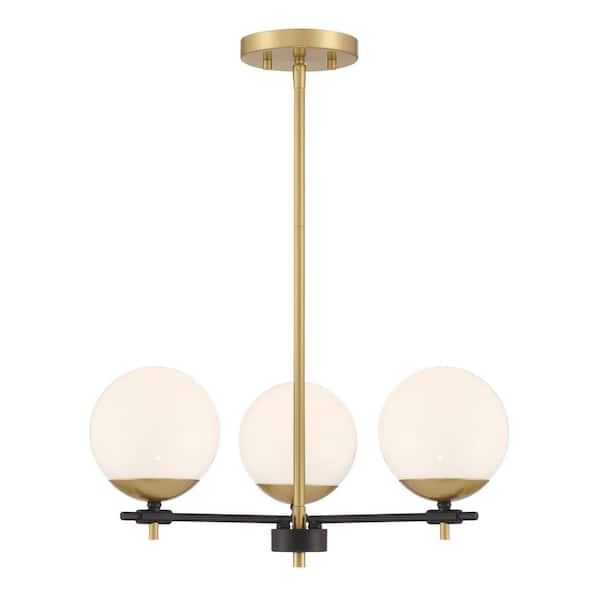 3-Light Vintage Gold and Matte Black Retro Chandelier with White Glass Orb Shades