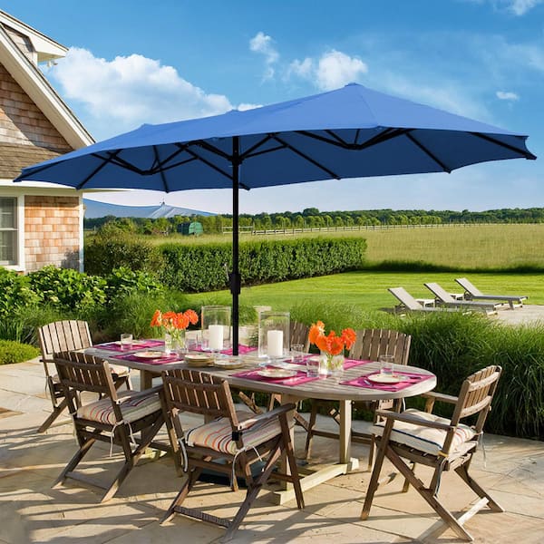13 ft. Market Double-Sided Rectangular Patio Umbrella in Blue with Mobile Base
