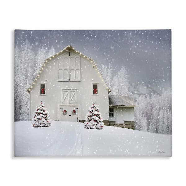 White Winter Snowfield Barn Cozy Christmas Scenery by Lori Deiter Unframed Graphic Art Print Nature 30 in. x 40 in.