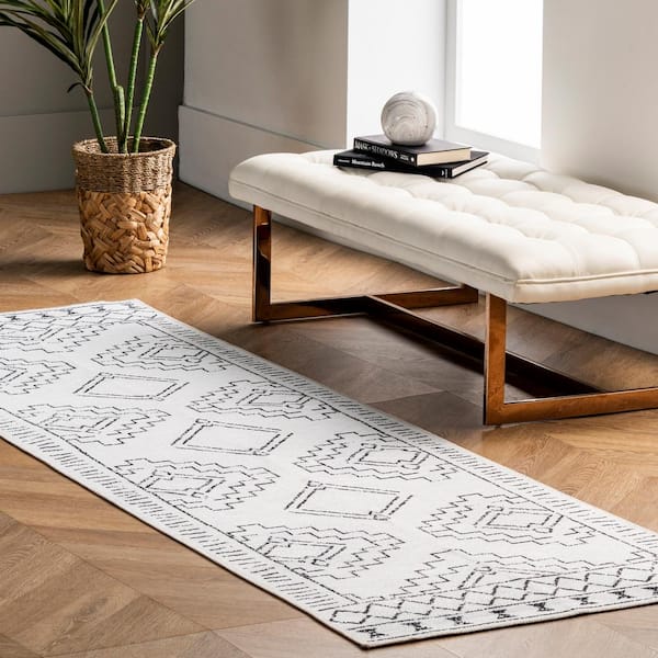 Noa White 3 ft. x 12 ft. Machine Tribal Moroccan Washable Indoor Runner Rug