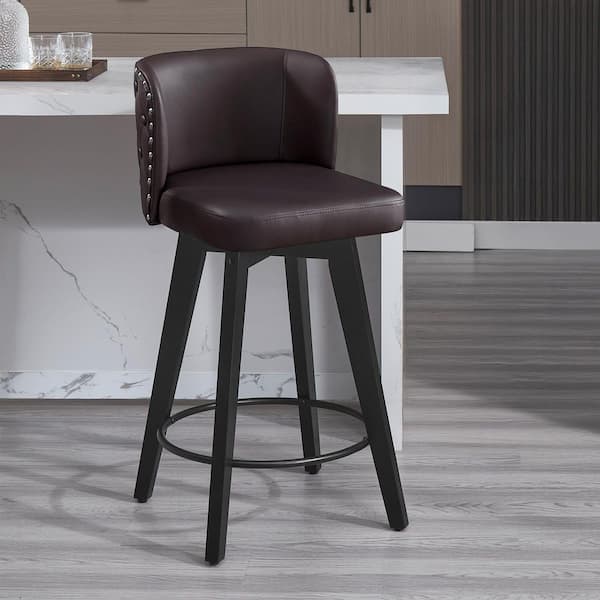 Hochwertiges 27.5 in. Brown Faux Leather Upholstered Wooden Counter Height Bar Stool Swivel Counter Stool (Set of 1)
