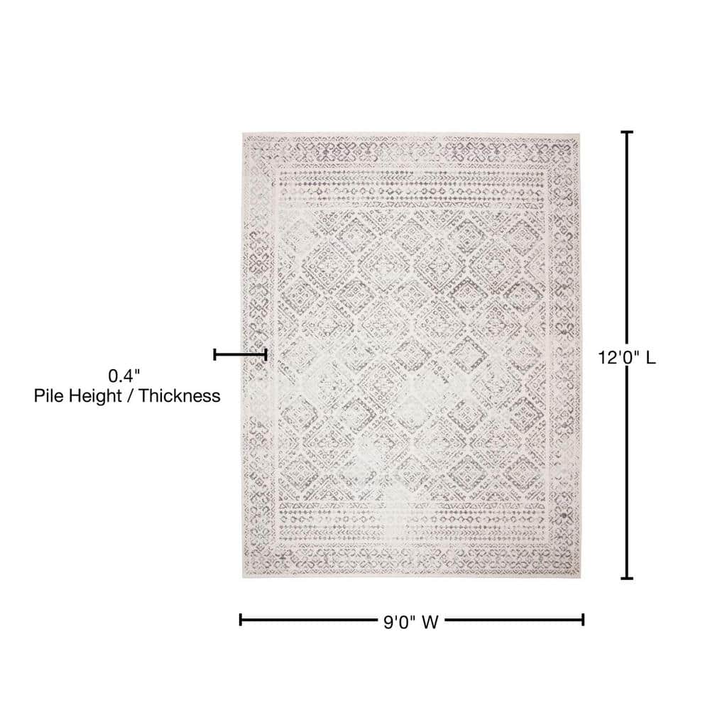 Ivory and Grey Geometric Wool Area Rug, 9' x 12'