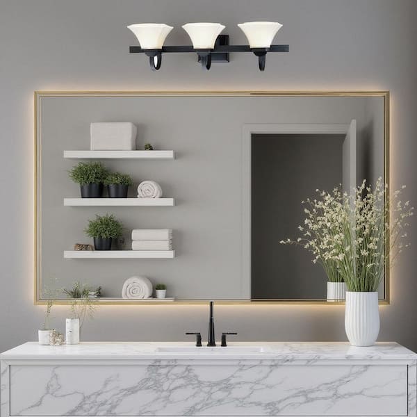Agilis 32 in. 3-Light Black Bathroom Vanity Light with Lamina Blanca Glass Shades