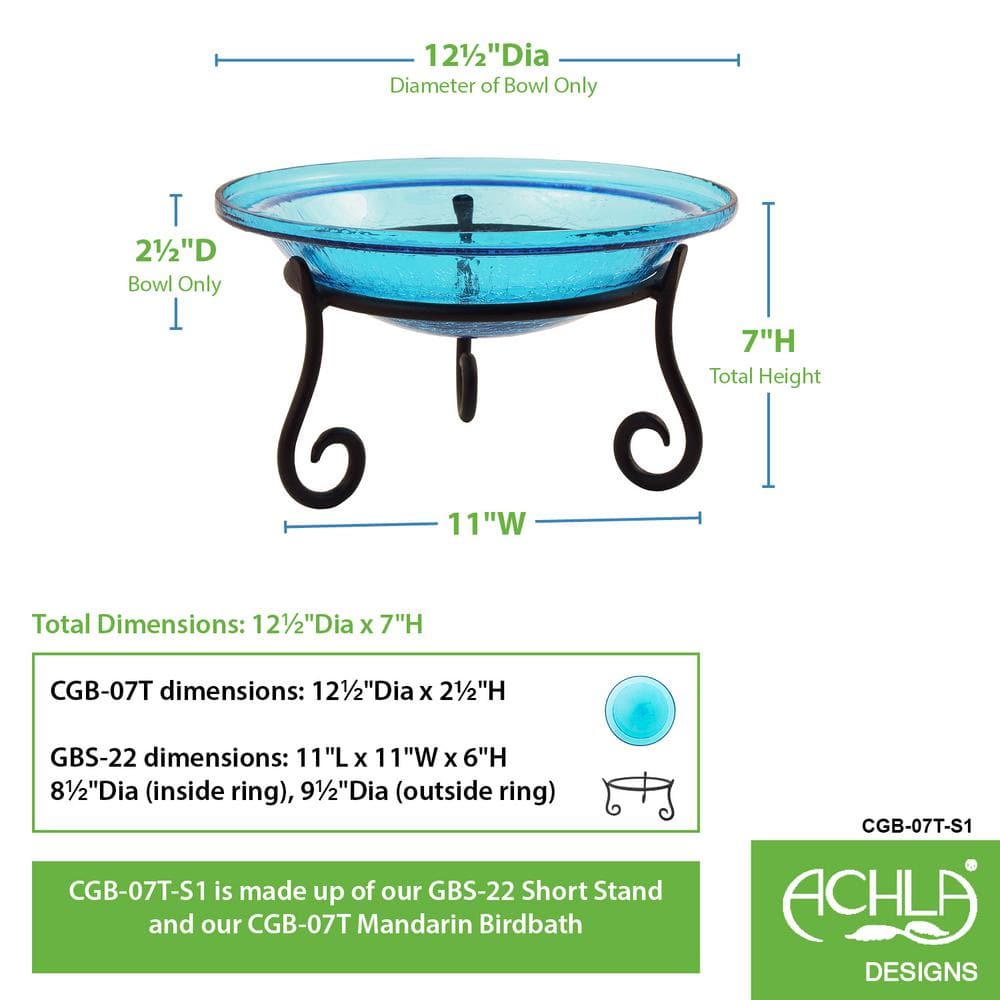 Teal Crackle Glass Birdbath Bowl with Wrought Iron Stand