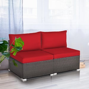2-Piece Wicker Outdoor Sectional Rattan Armless Sofa Chair with Red Cushions
