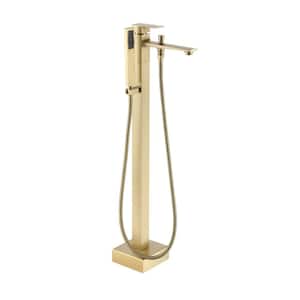 1-Handle Floor Mount Freestanding Tub Faucet with Handheld Shower in Brushed Gold