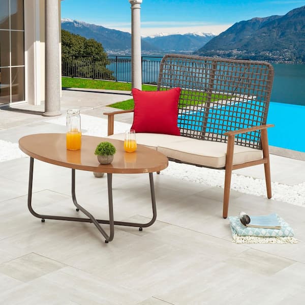 TOP SPACE 2-Piece PE Wicker Patio Conversation Set with Beige Cushions and Oval Coffee Table
