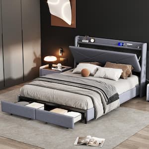 Gray Wood Frame Queen Size Platform Bed with LED Lighting and USB Charge Function