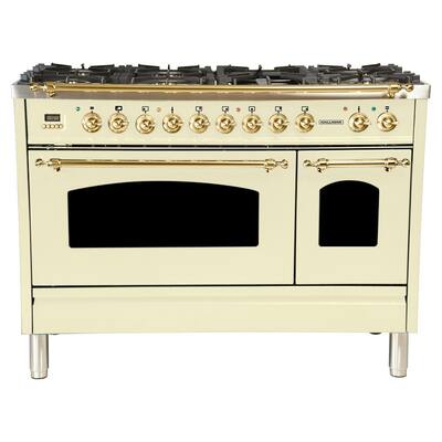48 in. 5.0 cu. ft. Double Oven Dual Fuel Italian Range True Convection, 7 Burners, Griddle, Brass Trim in Antique White