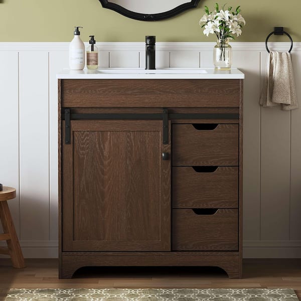 Eon 31 in. W Single Sink Walnut Freestanding Bath Vanity with White Engineered Solid Surface Top Unassembled