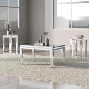 35.43 in. Silver Rectangle Mirrored Glass Coffee Table with 2 Pieces, End Tables Set and Adjustable Height Legs