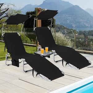 Black 2-Piece Metal Portable Reclining Outdoor Chaise Lounge with 5-Adjustable Positions and Canopy