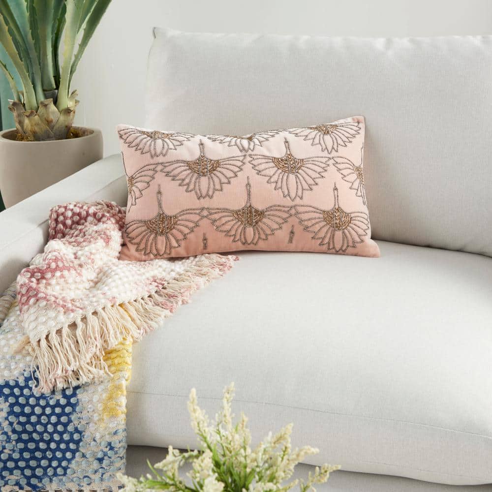 Blush Beaded Floral Cotton Lumbar Pillow 12"x20"
