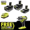 RYOBI ONE+ 18V Lithium-Ion 4.0 Ah Battery, 2.0 Ah Battery, and Charger Kit & FREE ONE+ HP 18V Brushless 1/2 in. Impact Wrench PSK108SB-P262