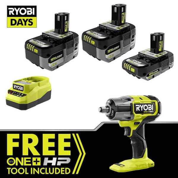 ONE+ 18V Lithium-Ion 4.0 Ah Battery, 2.0 Ah Battery, and Charger Kit & FREE ONE+ HP 18V Brushless 1/2 in. Impact Wrench