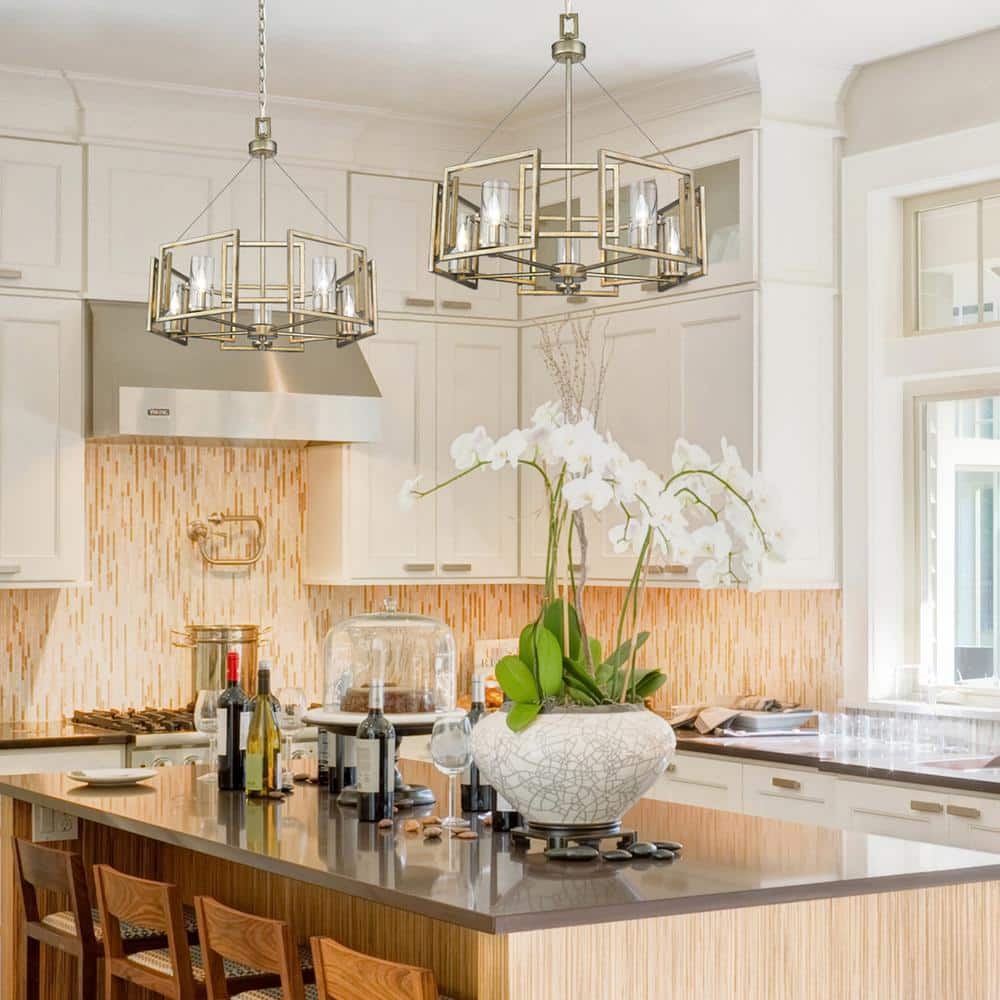 Elegant White Gold 5-Light Chandelier with Clear Glass Cylinders