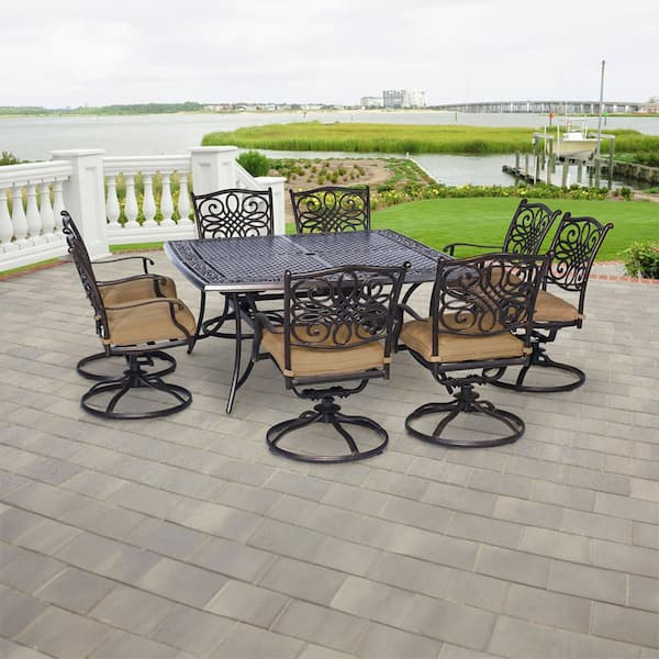 Hanover Traditions 9-Piece Aluminium Square Patio Dining Set with Eight Swivel Dining Chairs and Natural Oat Cushions, Rust Free