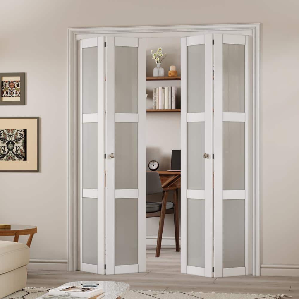 60 in. x 80 in. White MDF Bi-Fold Door with Frosted Glass Panels