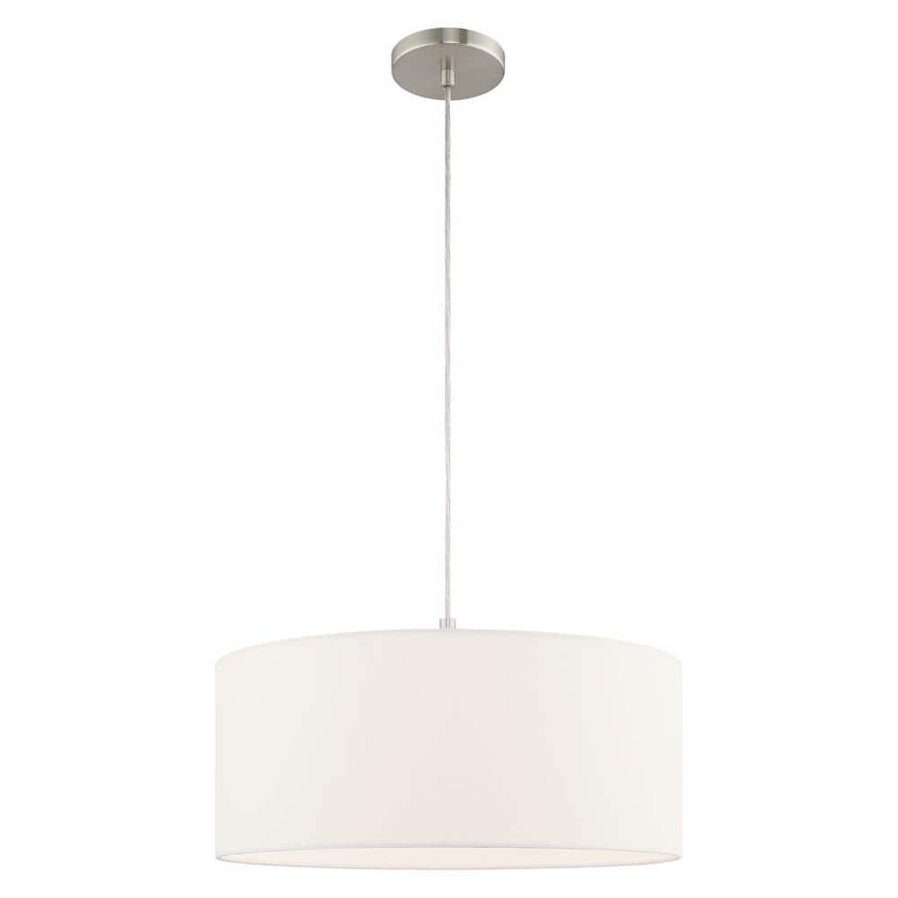 Brushed Nickel Drum Pendant with Off-White Fabric Shade