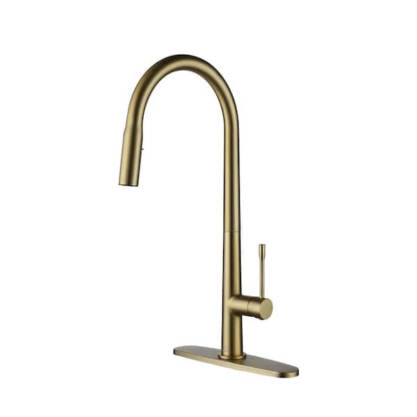 Boyel Living 2-Spray Patterns Single Handle Pull Down Sprayer Kitchen Faucet with Deckplate and Water Supply Hoses in Brushed Gold