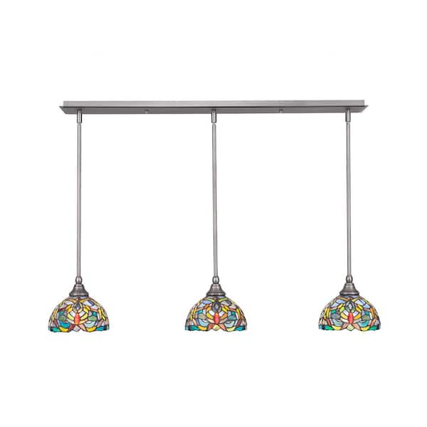 Unbranded Livingston 100-Watt 3 Light Brushed Nickel, Linear Pendant Light with 7 in. Art Glass Glass Shades No Bulbs Included
