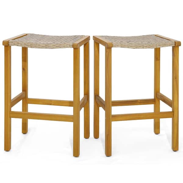 HONEY JOY Acacia Wood Outdoor Bar Stools 30 in. Bar Height Stools with PE Rattan Saddle Seat Patio Wicker Bar Chairs (2-Pack)