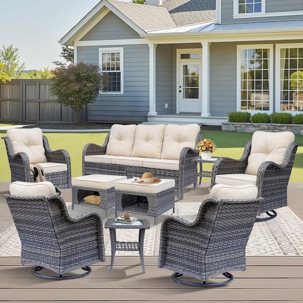 Gray 9-Piece Wicker Outdoor Patio Conversation Set Swivel Rocking Chairs with Light Beige Cushions and Ottomans