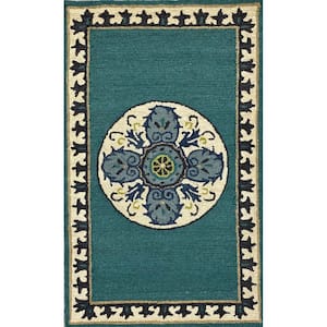 Zeno Teal and Cream 3 ft. x 5 ft. Border Medallion Wool Area Rug