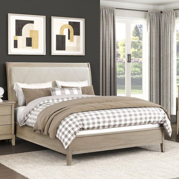 Stacy Farmhouse Beige Wood Frame Queen Size Platform Bed with Upholstered Headboard