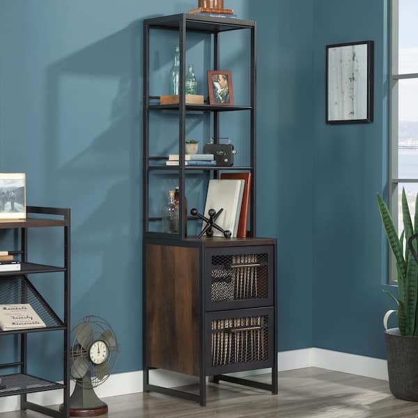 Briarbrook 18.346 in. Wide Barrel Oak Accent Bookcase with File Drawers and Metal Frame