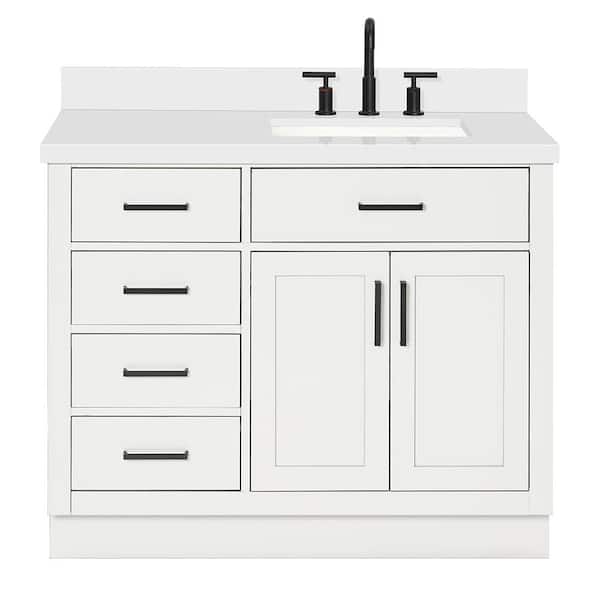 Hepburn 43 in. W x 22 in. D x 36 in. H Bath Vanity in White with White Pure Quartz Vanity Top with White Basin