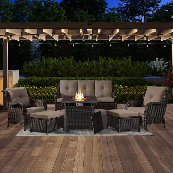 Opohoro ArcoBay 6-Piece Brown Frame Wicker Patio Square Fire Pit Conversation Set with Gray Cushions and Ottomans