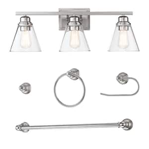 26 in. 3-Light with Brushed Nickel And Vanity Light Clear Glass Shade and Bath Set (5-Piece)