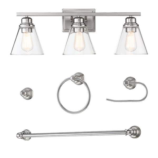 Hukoro 26 in. 3-Light with Brushed Nickel And Vanity Light Clear Glass Shade and Bath Set (5-Piece)