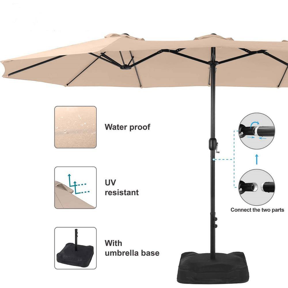 15 ft Beige Double-Sided Outdoor Market Umbrella with Crank and Base