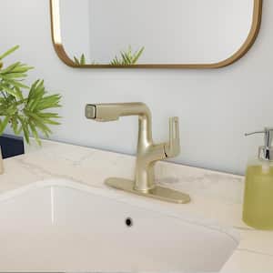 Single Handle Single Hole Bathroom Faucet with Pull-Out Sprayer and Deckplate included in Brushed Gold