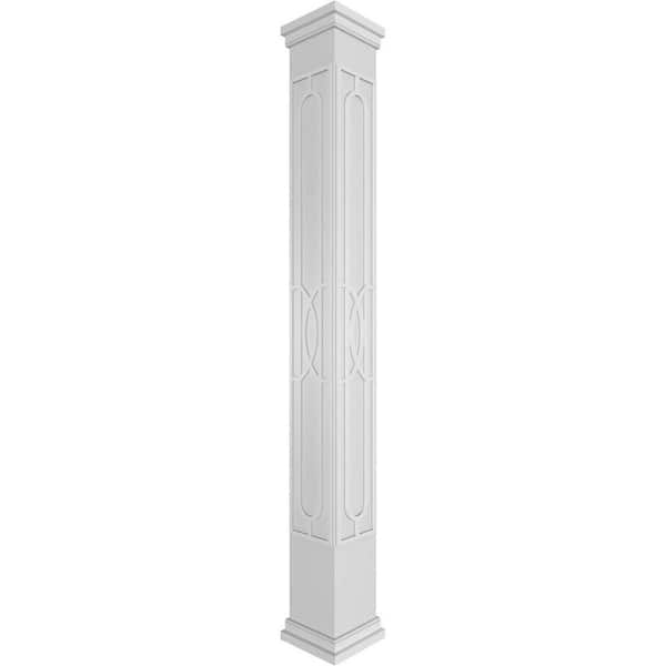 Ekena Millwork 11-5/8 in. x 9 ft. Premium Square Non-Tapered Calico Fretwork PVC Column Wrap Kit with Prairie Capital and Base