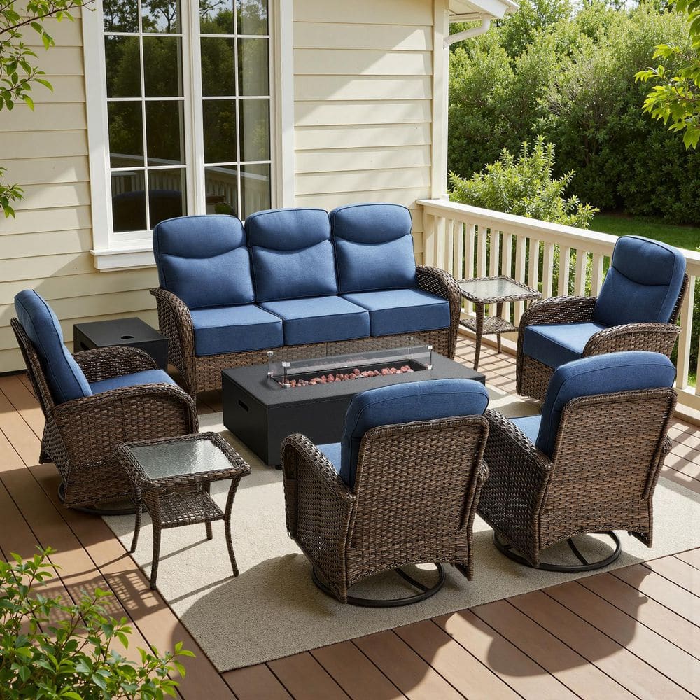 Luna Brown 8-Piece Wicker Outdoor Patio Fire Pit Seating Set with 6-Inch Olefin Navy Blue Cushions price history on PriceWatchPro