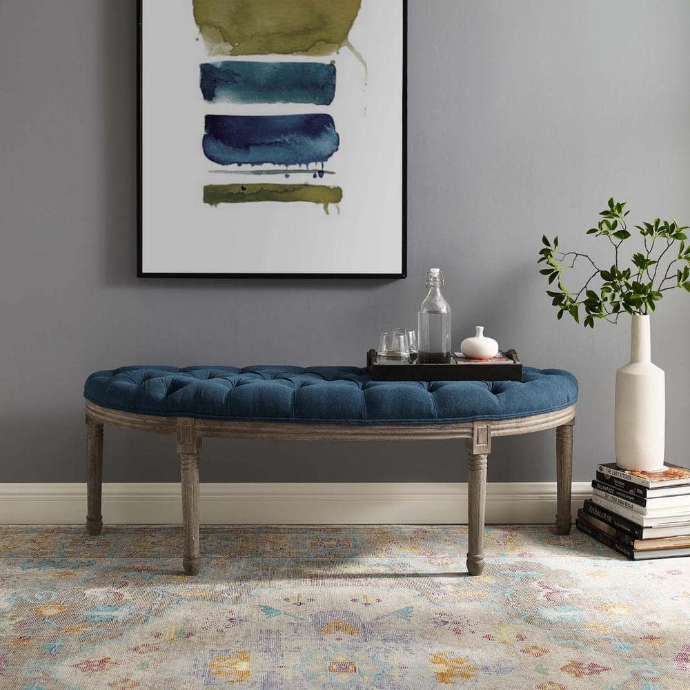 Navy French Vintage Upholstered Fabric Bench with Wood Legs