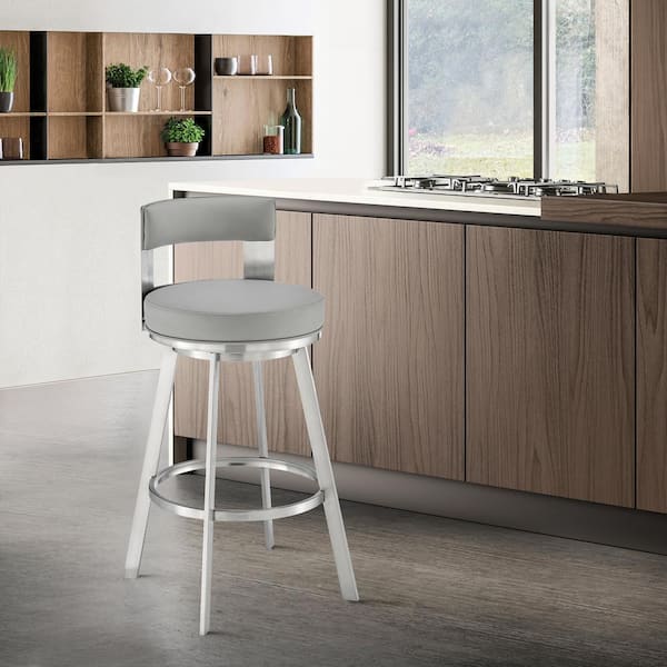 Armen Living Lynof 34 in. Grey/Brushed Stainless Steel 26 in. Bar Stool with Faux Leather Seat