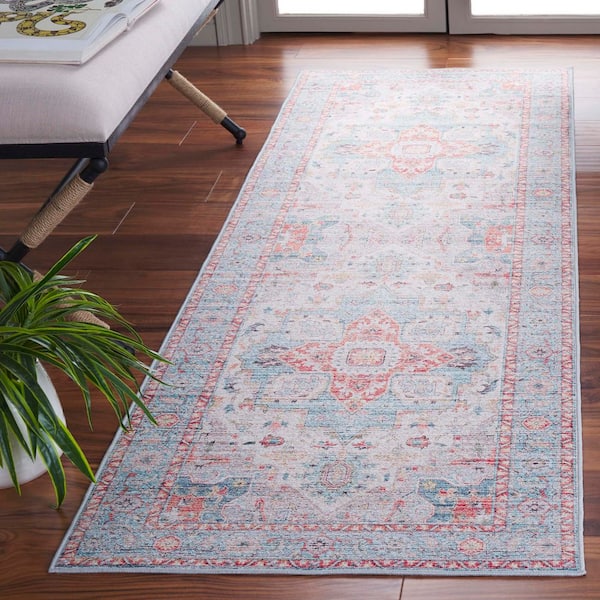 Tucson Turquoise/Rust 3 ft. x 8 ft. Machine Washable Distressed Ornate Border Runner Rug