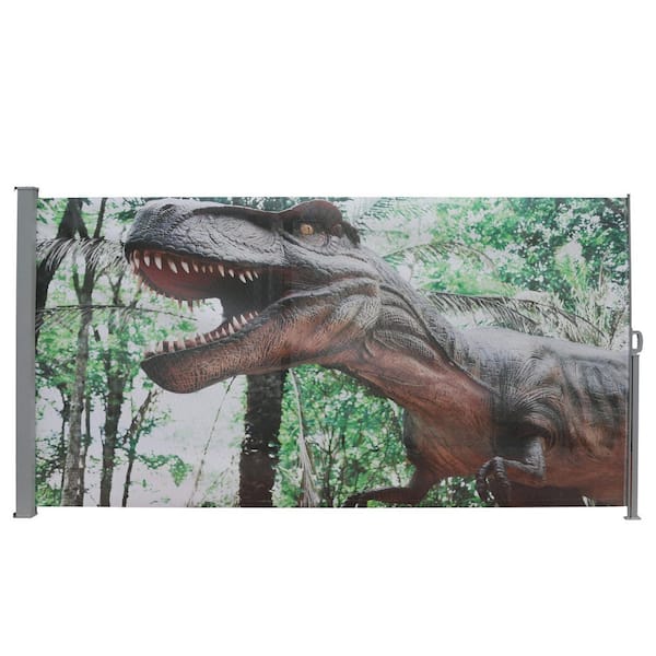 5.9 ft. x 11.5 ft. Gray PVC Mesh Fabric Privacy Fence Retractable Side Awning Screen w/UV Dinosaur printing for Garden