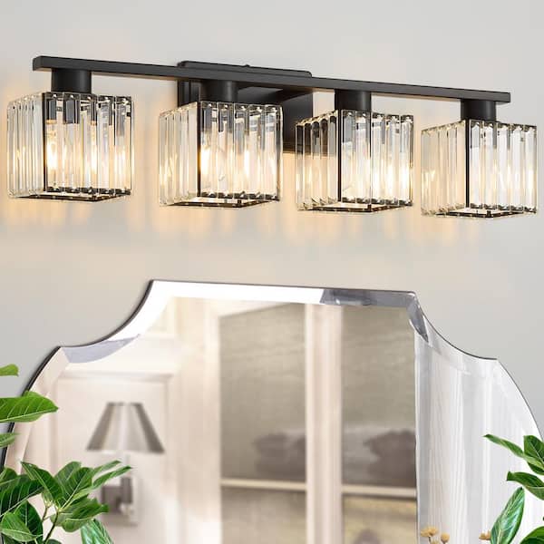 Deyidn Modern Luxury 28.9 in. 4-Light Black Bathroom Vanity Light with Crystal Shade, Enhance the Beauty of Your Bathroom