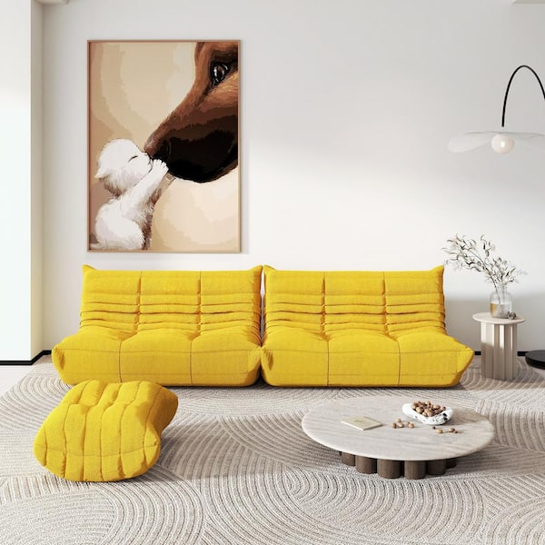Magic Home (Set of 3) Yellow Velvet Polyester Large 45-72 in. Fireside Lazy Bean Bag Chair Rebound Sponge Floor Sofa with Ottoman