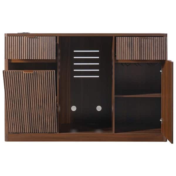59 in. W x 21 in. D x 39 in. H Linen Cabinet, Coffee Bar Cabinet with Ridge Space, Tilt-Out Trash Cabinet, Walnut Brown