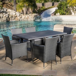 Malta gray 7-Piece Faux Rattan Rectangular Outdoor Patio Dining Set with Silver Cushions