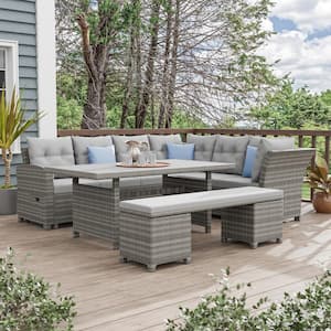 Malia Gray 6-Piece Wicker Modular Outdoor Sectional with Gray Cushions and Ottoman/Bench